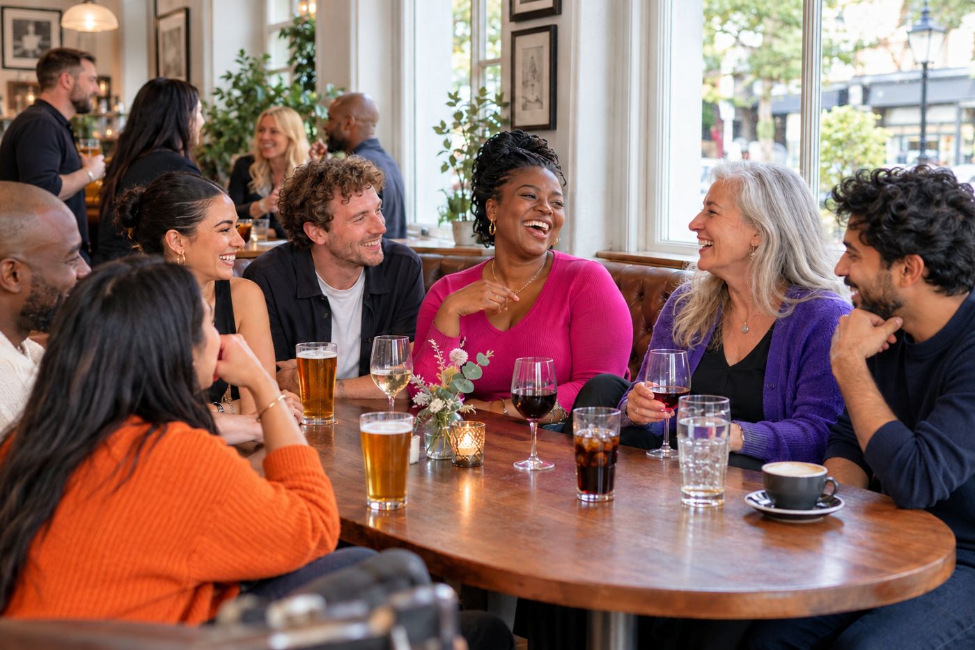 A relaxed group chatting around a table in a light-filled bar